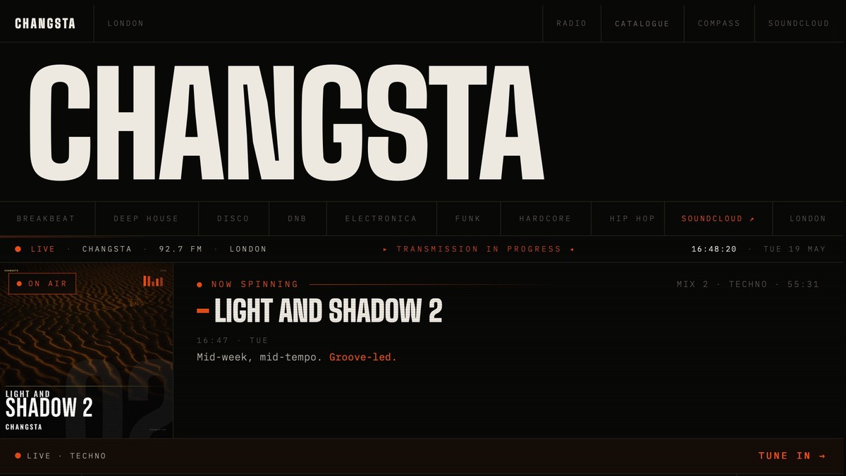 Changsta.com homepage: dark radio-style interface showing the current mix, mood navigation, and time-of-day programming