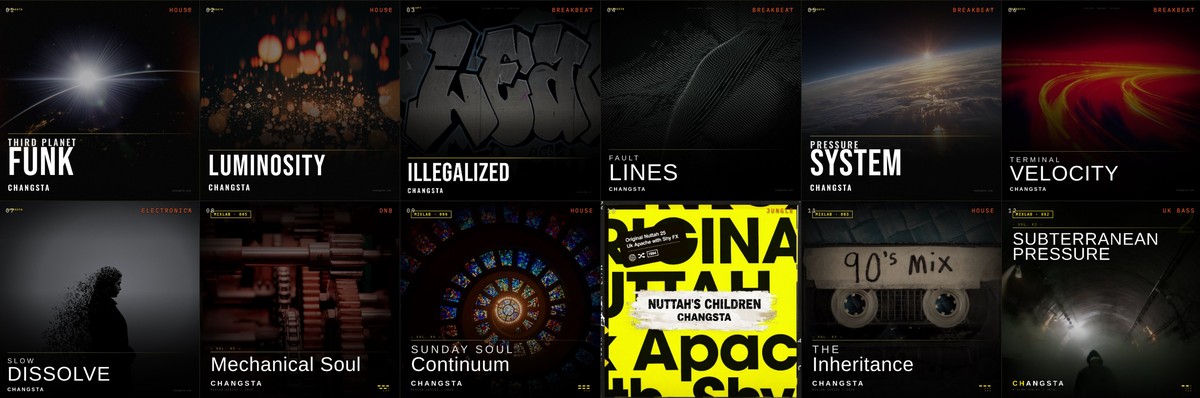 Six-wide grid of mix cover artwork from the Changsta catalogue, showing consistent visual identity across the archive