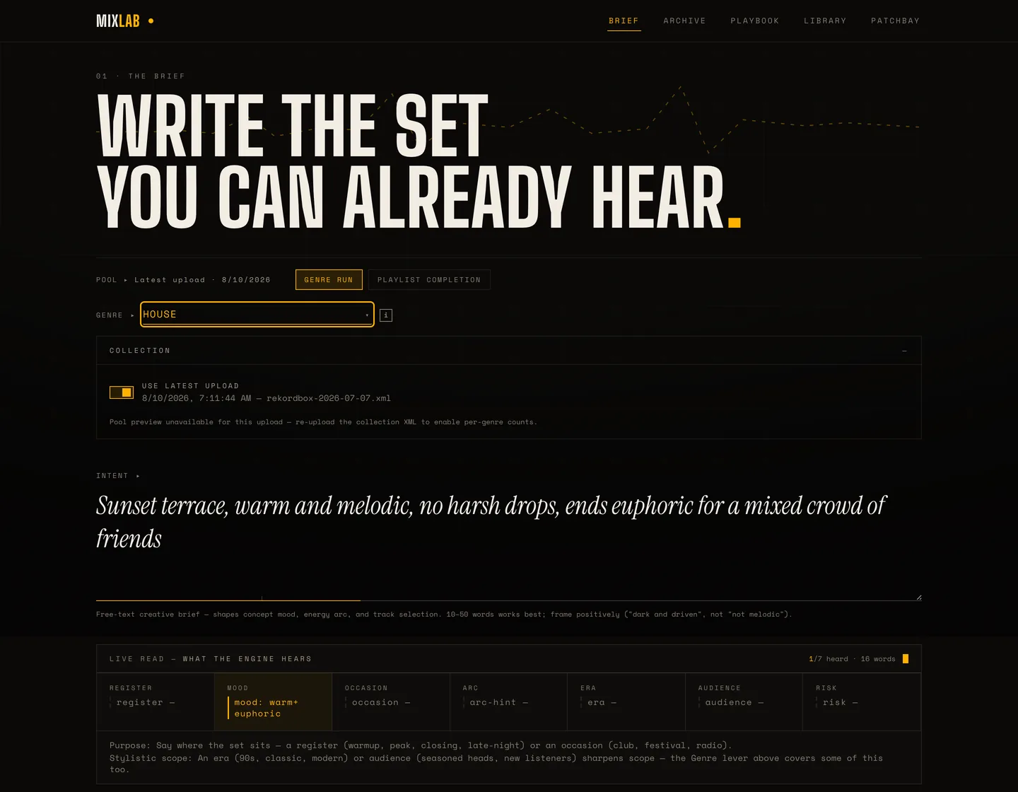 MixLab Anywhere brief page headed Write The Set You Can Already Hear, with a free-text intent field and a live-read panel showing which register, mood, occasion, arc, era, audience and risk signals the engine heard