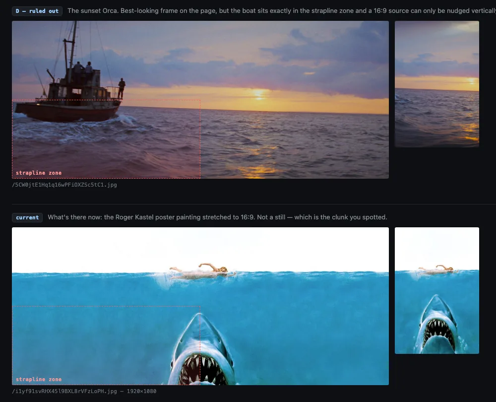 Two rows of a generated comparison sheet for the Jaws montage slot. The first, labelled ruled out, shows the Orca at sunset with a red dashed strapline zone over the boat. The second, labelled current, shows the Jaws poster painting with the note: not a still.