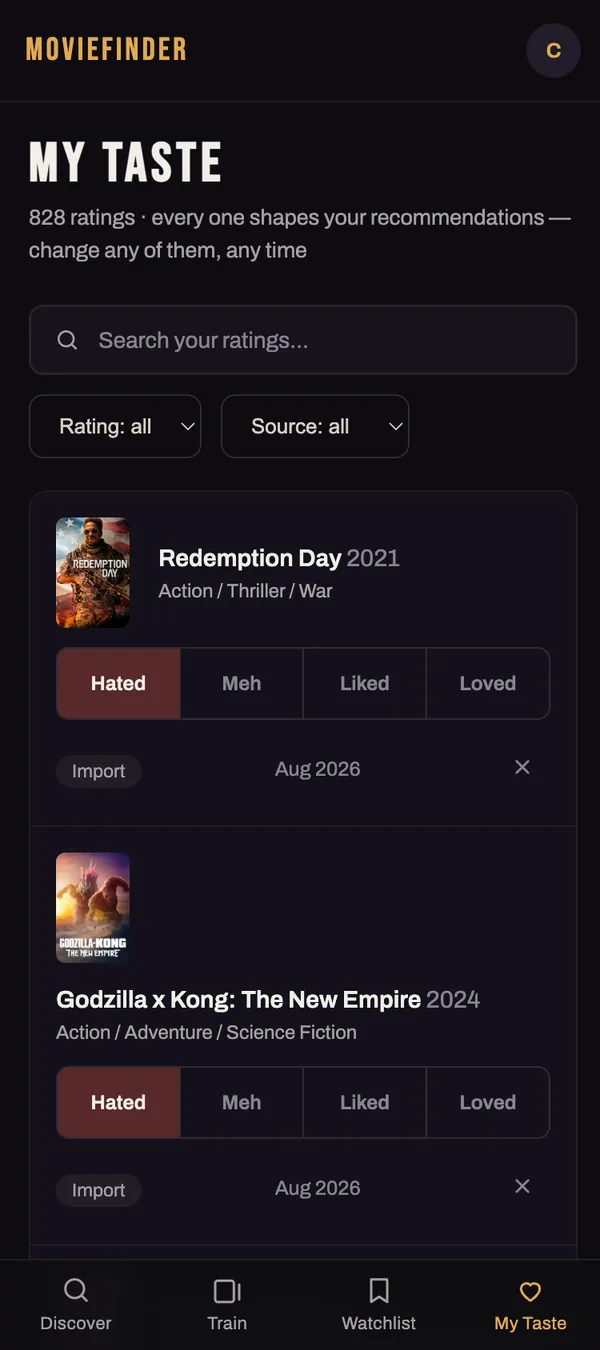 My Taste on a phone: 828 ratings, a search box, and each film with its Hated, Meh, Liked or Loved rating selectable