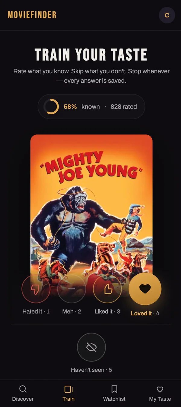 Train your taste on a phone: the Mighty Joe Young poster with Hated, Meh, Liked and Loved buttons, a Haven't seen button, and a 58% known meter