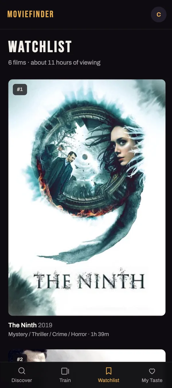 Watchlist on a phone: six films, about eleven hours of viewing, The Ninth at the top