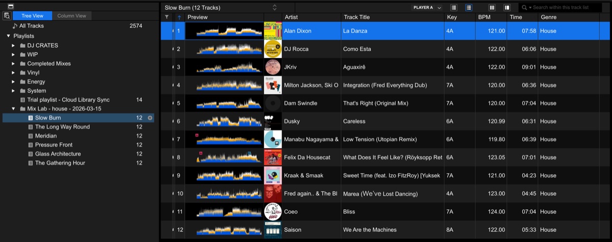 The rekordbox library screen after importing the exported XML, showing the Mix Lab dated folder expanded with all six concept playlists visible and Slow Burn open showing all 12 tracks in intended play order