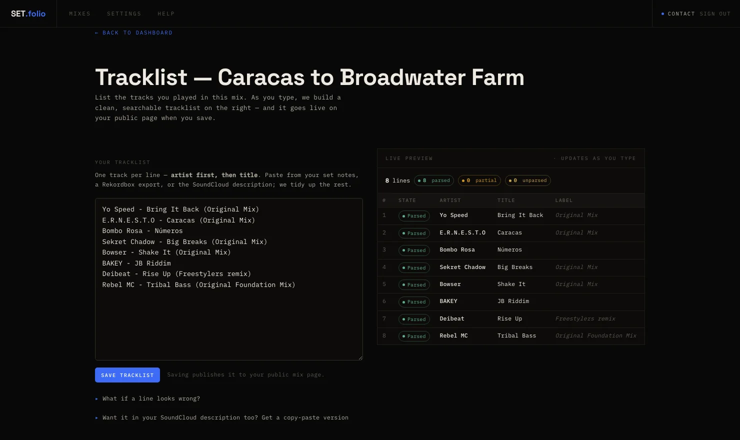 The dashboard tracklist paste editor: raw text on the left, live parsed rows on the right
