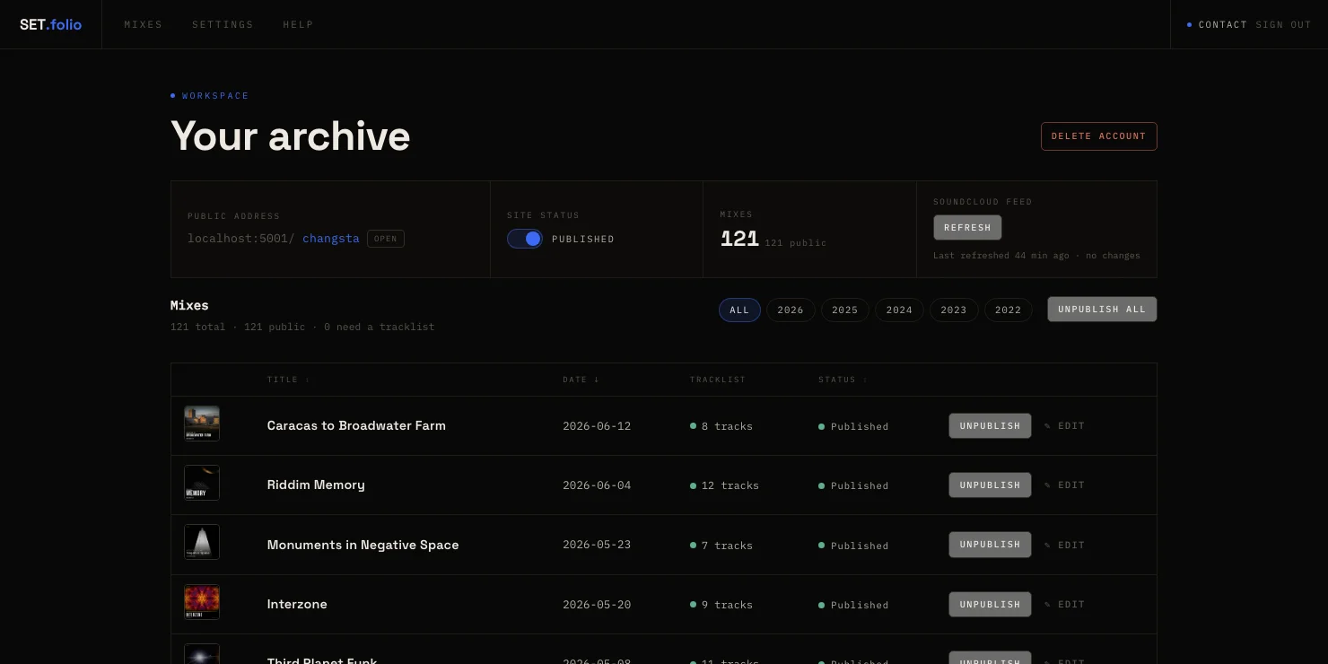 The Setfolio operator dashboard showing 121 mixes synced and the full mix list