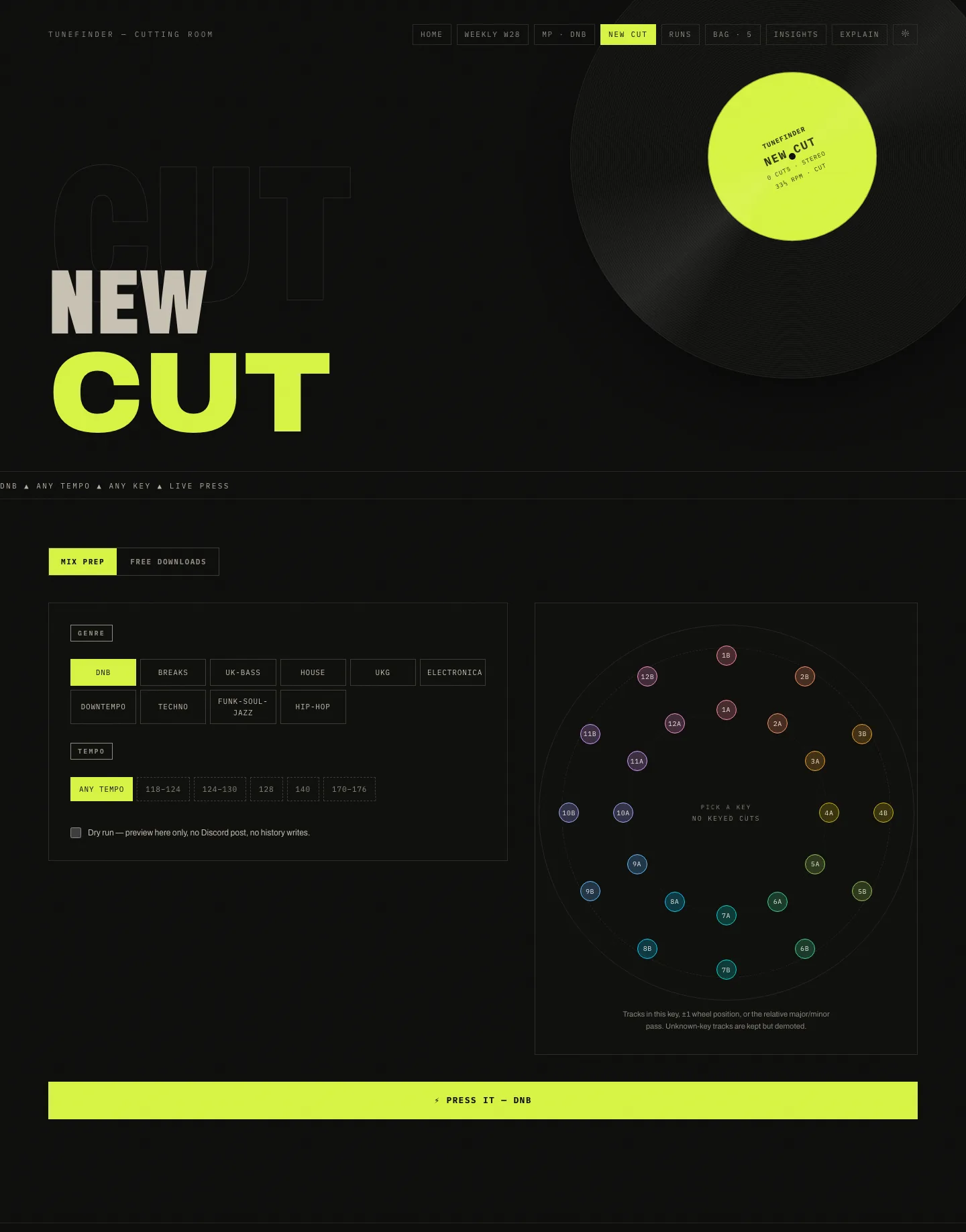 TuneFinder New Cut page: mix-prep run builder with genre chips, tempo range presets, and a circular Camelot key wheel for harmonic filtering, ending in a Press It button